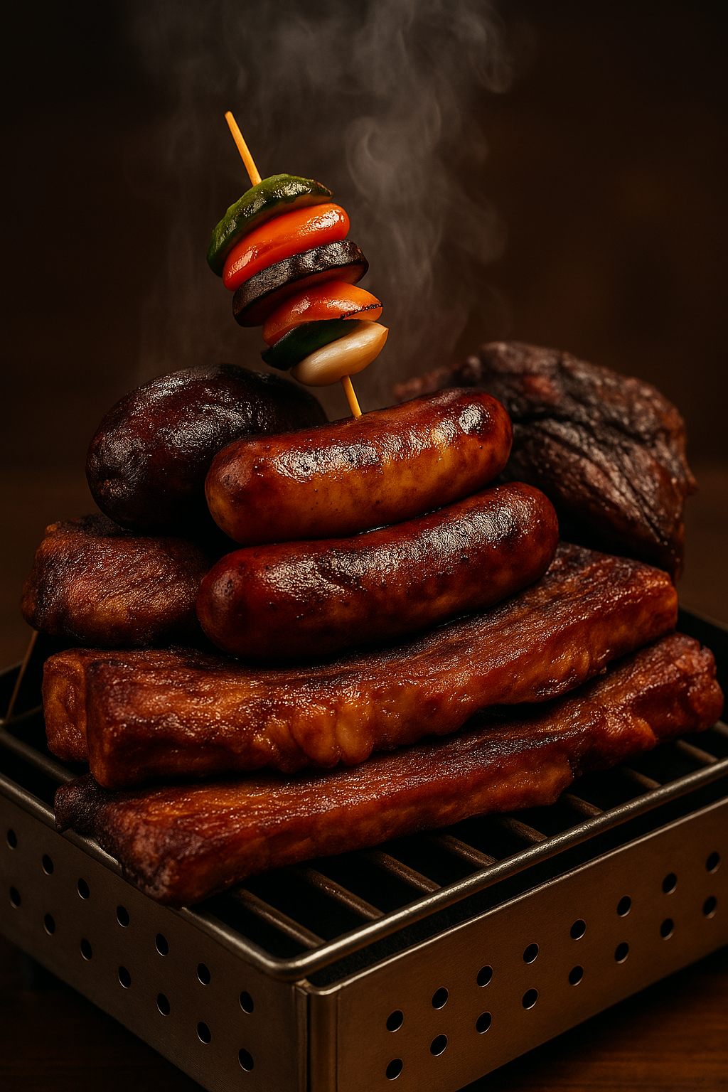 Brasero de carne a la brasa servido con embutidos y guarniciones